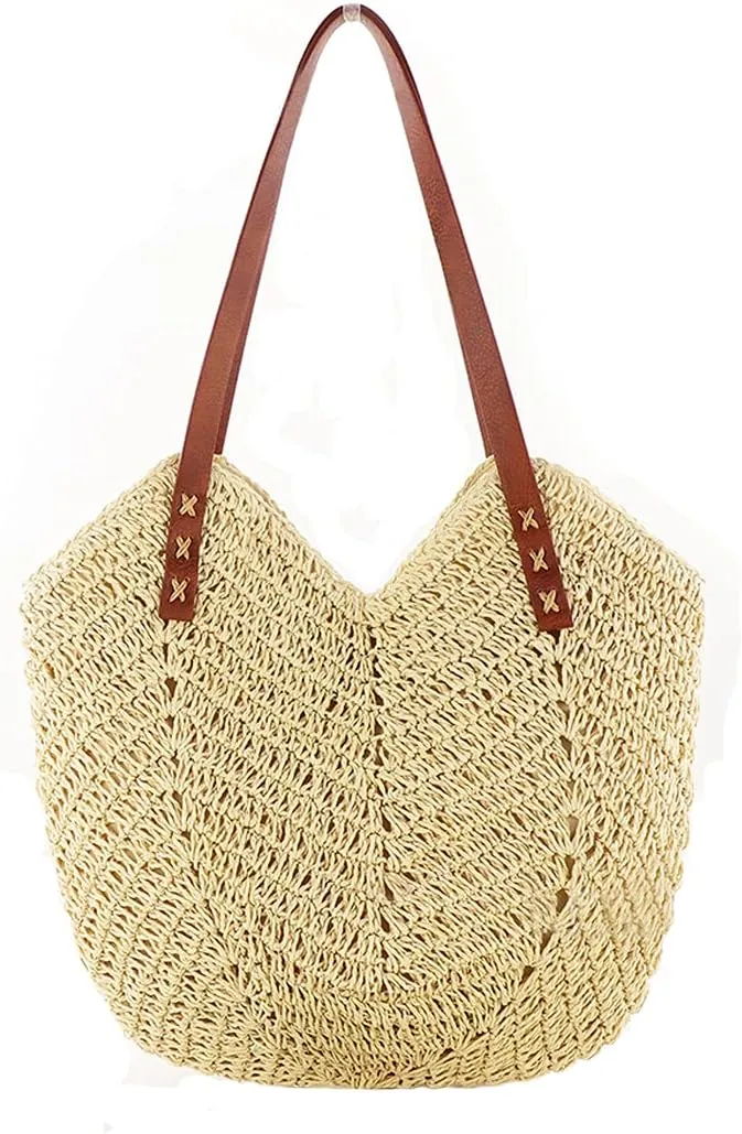 Womens Simple Elegant Straw Beach Tote Bag Handmade Woven Shoulder Purse for Summer