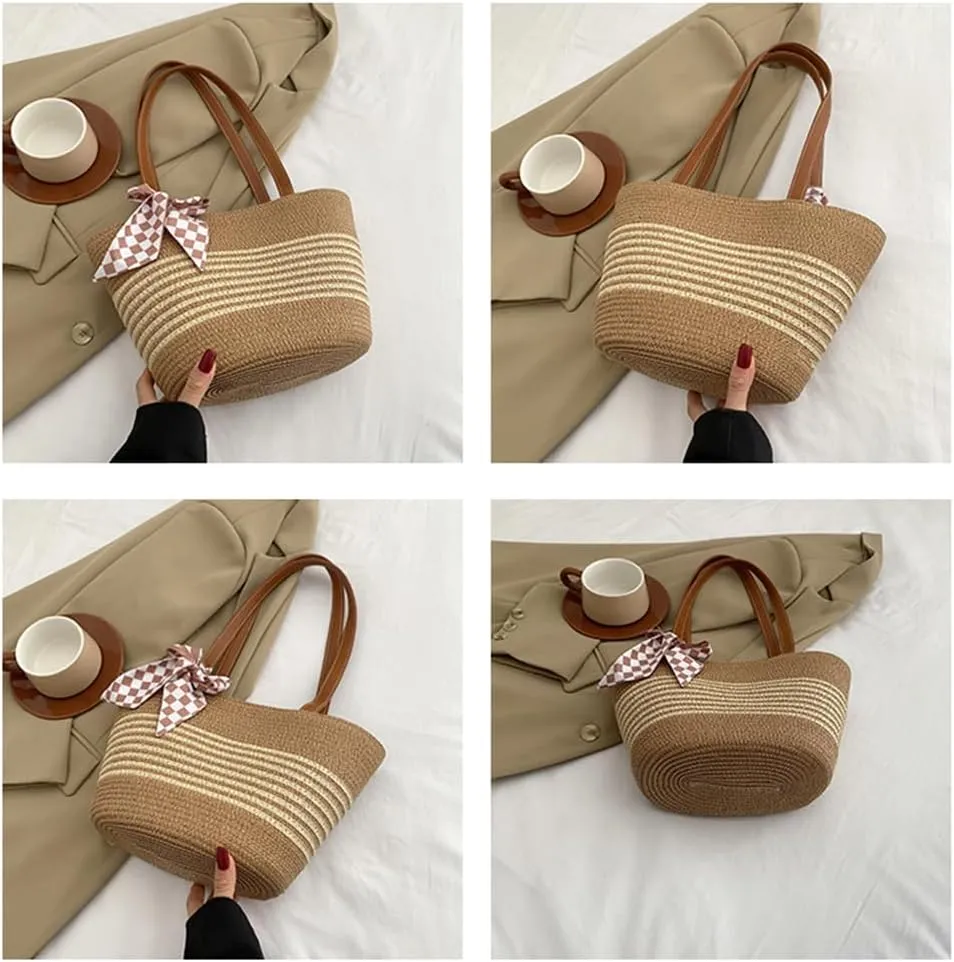Women's Straw Beach Bag Large Straw Stylish Bow Decorated Rattan Shoulder Bag Top Leather Handle Tote Bag Wallet