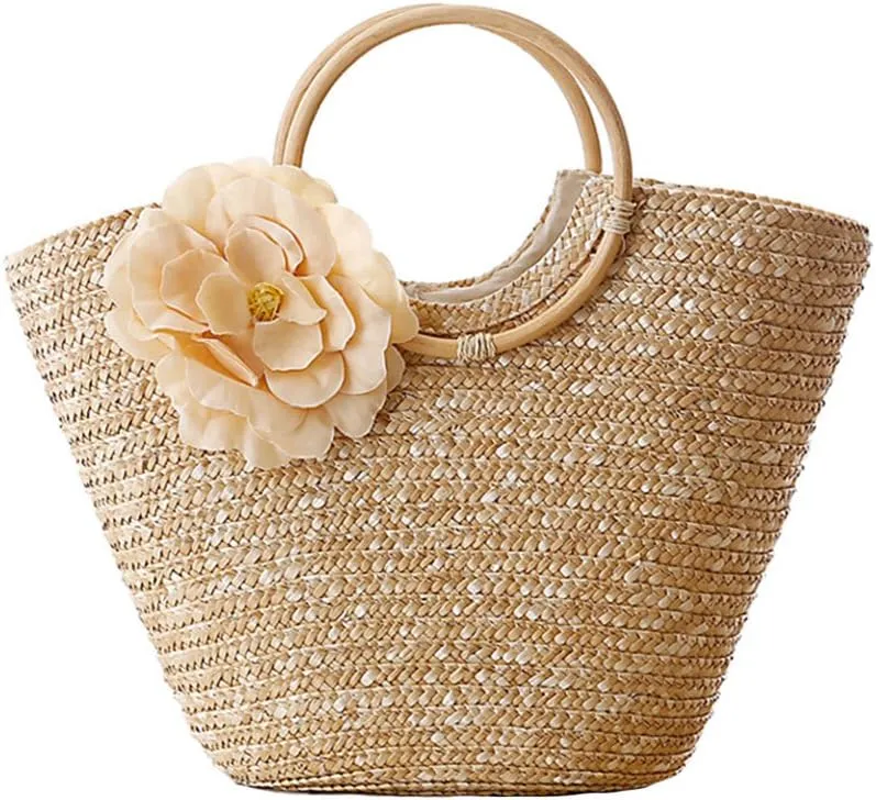 Women's Straw Handbag Flower Woven Summer Beach Messenger Tote Bag Basket Shopper Purse
