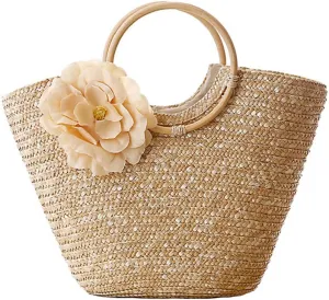 Women's Straw Handbag Flower Woven Summer Beach Messenger Tote Bag Basket Shopper Purse