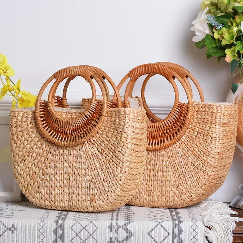 Women's Straw Shoulder Bag Women Large Woven Bag Round Handle Ring Tote Purse Retro Handbags Summer Travel Beach Handbag Hand Woven Straw Large Hobo Bag Big Capacity Handmade Bag for Girls Women E