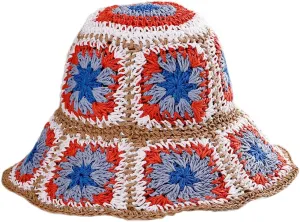 Womens Straw Sun Hat Floral Woven Bucket Hat Fishing Hat Beach Hat Hand Woven Foldable Cap