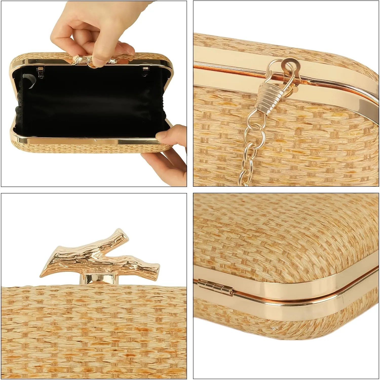 Womens Straw Woven Clutch Handmade Weaving Shoulder Bag Purse for Wedding Prom Party