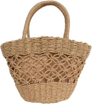 Women's Straw Woven Handbag Oval Paper Rope Material Retro Hollowed Out Handmade Shape Open Pocket Minimalist