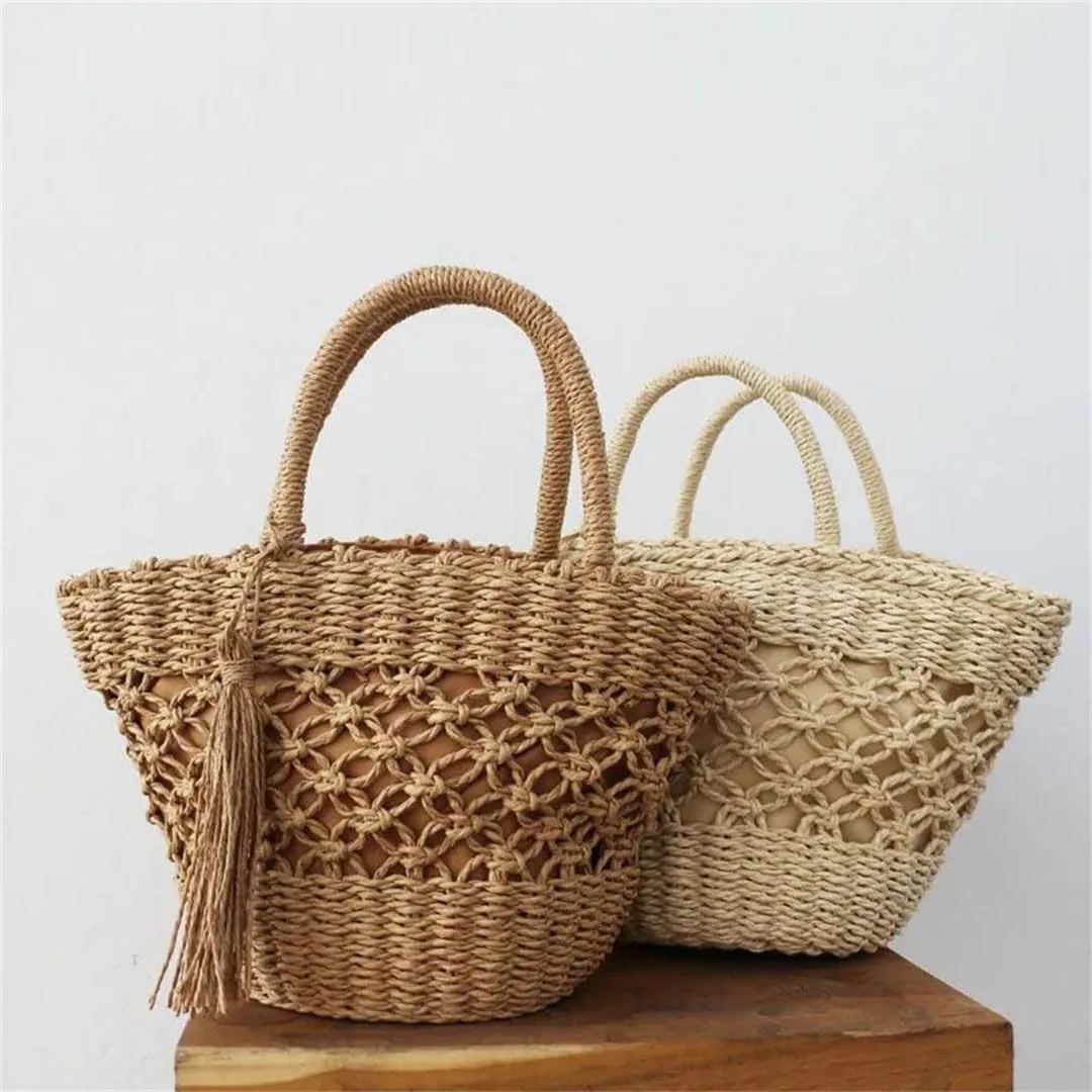 Women's Straw Woven Handbag Oval Paper Rope Material Retro Hollowed Out Handmade Shape Open Pocket Minimalist