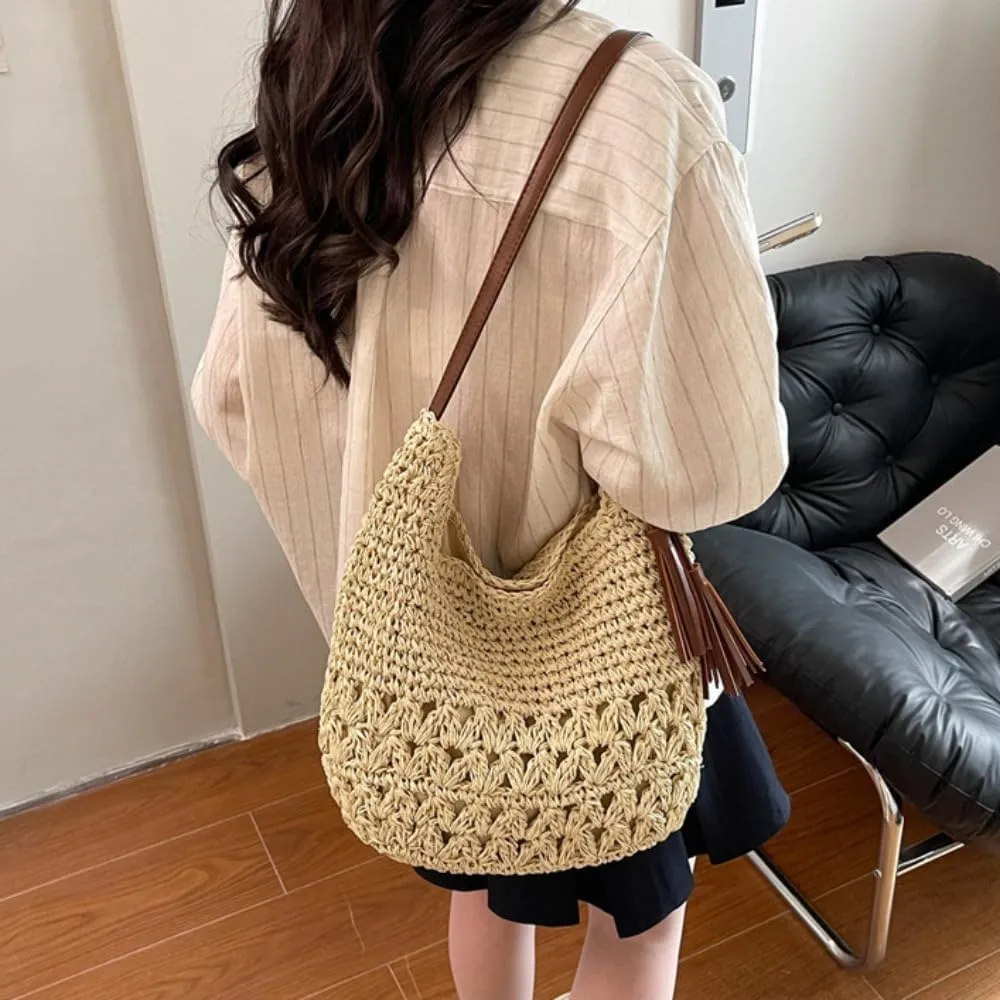 Women's Straw Woven Tote Bags Boho Handmade Crochet Wicker Hobo Shoulder Purse Summer Beach Travel Vacation Handbags