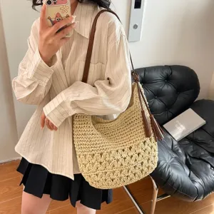 Women's Straw Woven Tote Bags Boho Handmade Crochet Wicker Hobo Shoulder Purse Summer Beach Travel Vacation Handbags