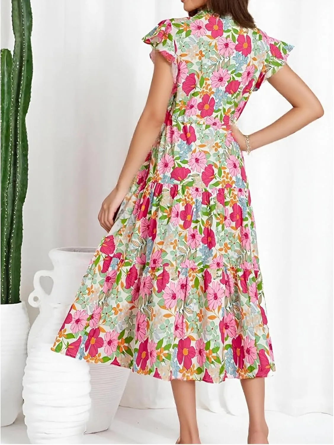 Womens Summer Boho Dresses 2025 Ruffle Sleeve Smocked Midi Dress Flowy Floral Tie Vacation Beach Sundresses