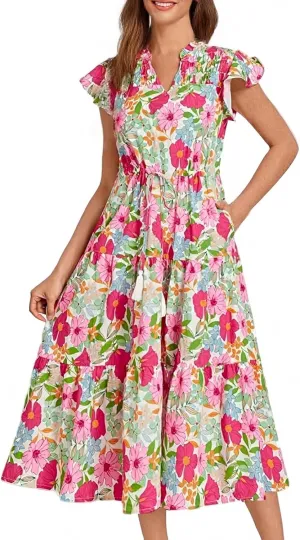 Womens Summer Boho Dresses 2025 Ruffle Sleeve Smocked Midi Dress Flowy Floral Tie Vacation Beach Sundresses