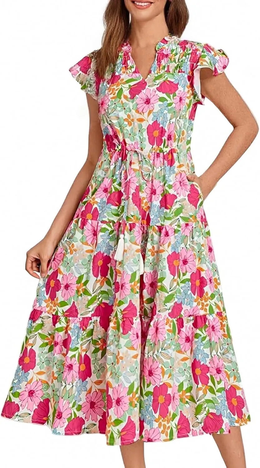 Womens Summer Boho Dresses 2025 Ruffle Sleeve Smocked Midi Dress Flowy Floral Tie Vacation Beach Sundresses