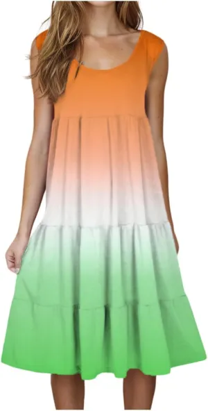 Women's Summer Elegant Dress Sleeveless Round Neck Fashion Skirts Pleated Comfy Gradient Color Dresses Walking