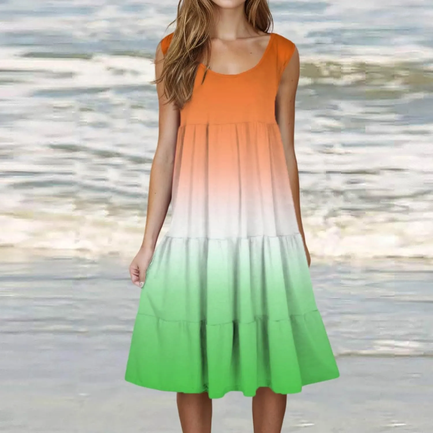 Women's Summer Elegant Dress Sleeveless Round Neck Fashion Skirts Pleated Comfy Gradient Color Dresses Walking