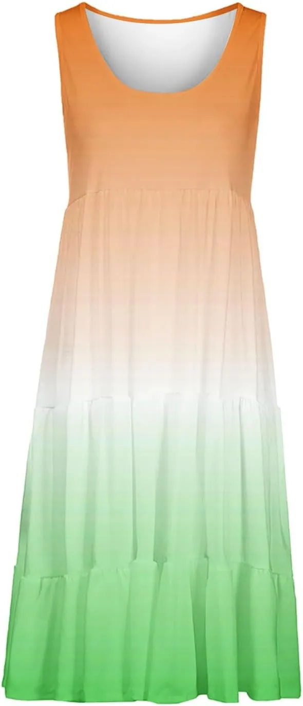 Women's Summer Elegant Dress Sleeveless Round Neck Fashion Skirts Pleated Comfy Gradient Color Dresses Walking