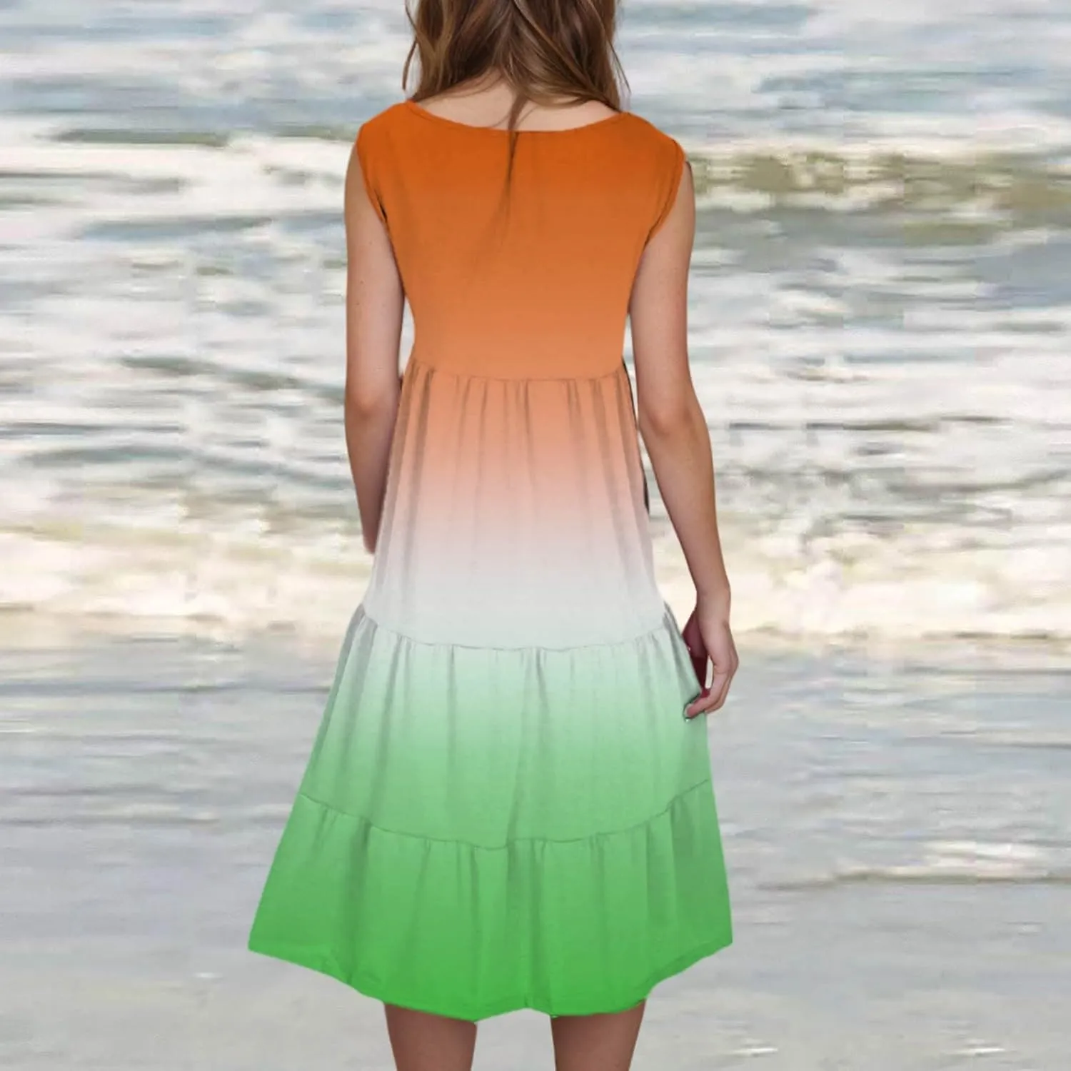 Women's Summer Elegant Dress Sleeveless Round Neck Fashion Skirts Pleated Comfy Gradient Color Dresses Walking