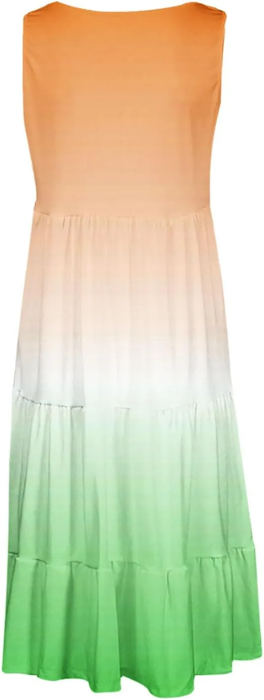 Women's Summer Elegant Dress Sleeveless Round Neck Fashion Skirts Pleated Comfy Gradient Color Dresses Walking