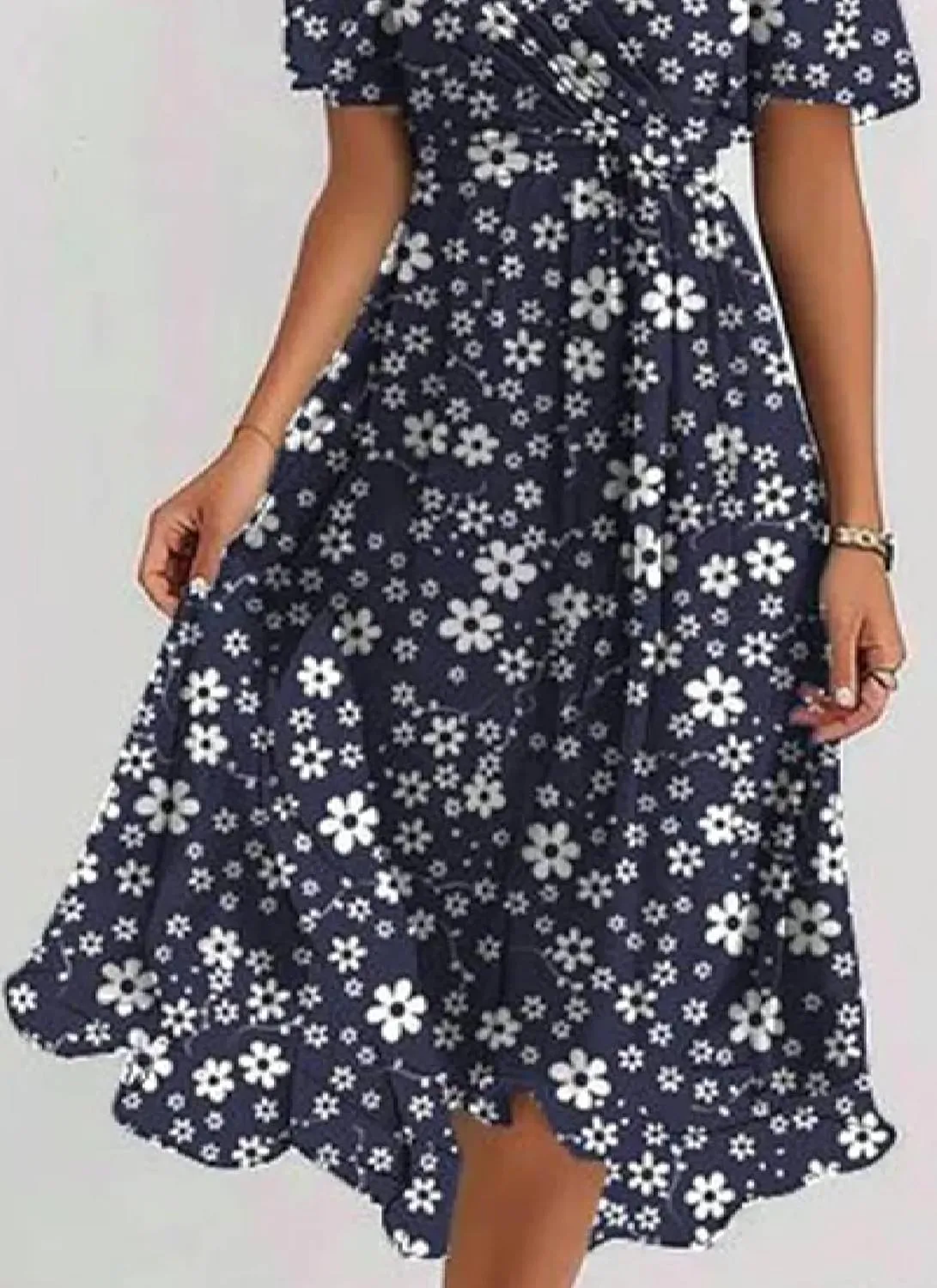Womens Summer Lively Navy Floral Casual V Neck Puff Short Sleeve High Waist Pleated Hem Flowy Beach Midi Dress