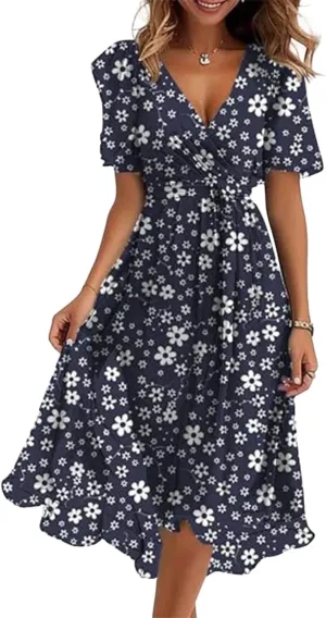 Womens Summer Lively Navy Floral Casual V Neck Puff Short Sleeve High Waist Pleated Hem Flowy Beach Midi Dress