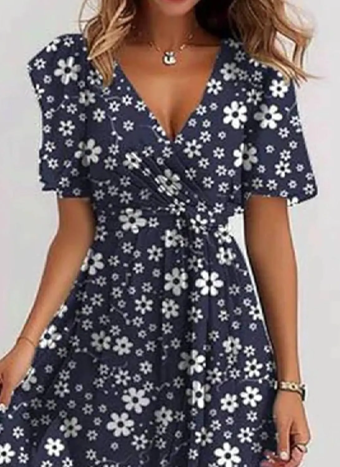 Womens Summer Lively Navy Floral Casual V Neck Puff Short Sleeve High Waist Pleated Hem Flowy Beach Midi Dress