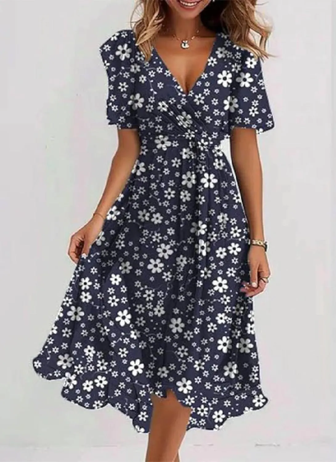 Womens Summer Lively Navy Floral Casual V Neck Puff Short Sleeve High Waist Pleated Hem Flowy Beach Midi Dress