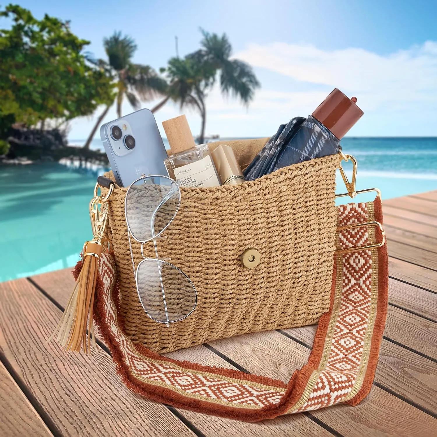 Women's Summer Straw Braided Crossbody Bag with Tassel Chain,Shoulder Straps Woven Beach Handbag Handmade Wallet Purse