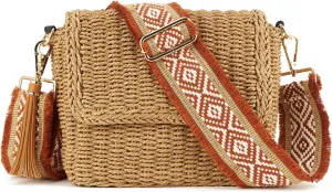 Women's Summer Straw Braided Crossbody Bag with Tassel Chain,Shoulder Straps Woven Beach Handbag Handmade Wallet Purse