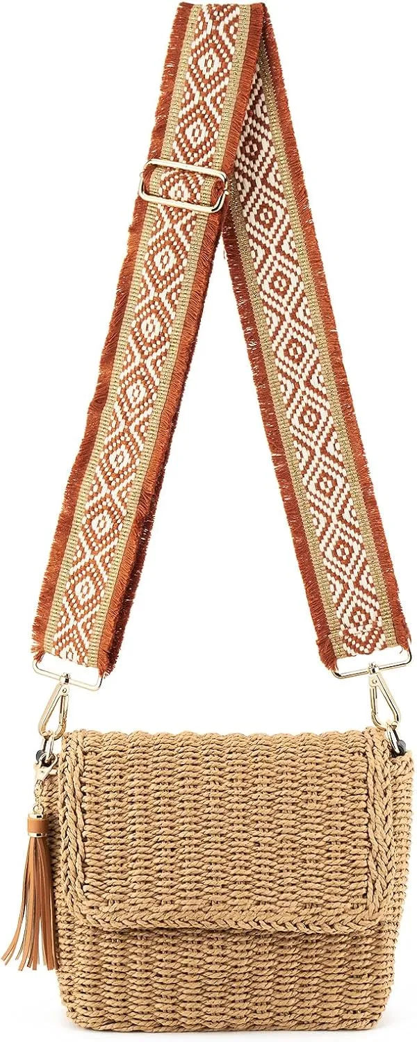 Women's Summer Straw Braided Crossbody Bag with Tassel Chain,Shoulder Straps Woven Beach Handbag Handmade Wallet Purse