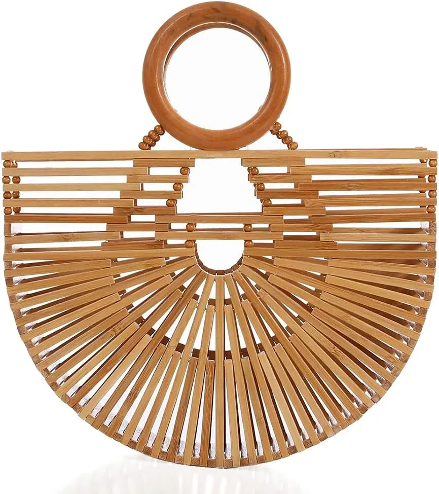 Women's Top Handle Bamboo Handbag Summer Beach Tote Bag, Natural Bamboo Handmade Purse