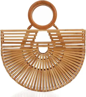 Women's Top Handle Bamboo Handbag Summer Beach Tote Bag, Natural Bamboo Handmade Purse