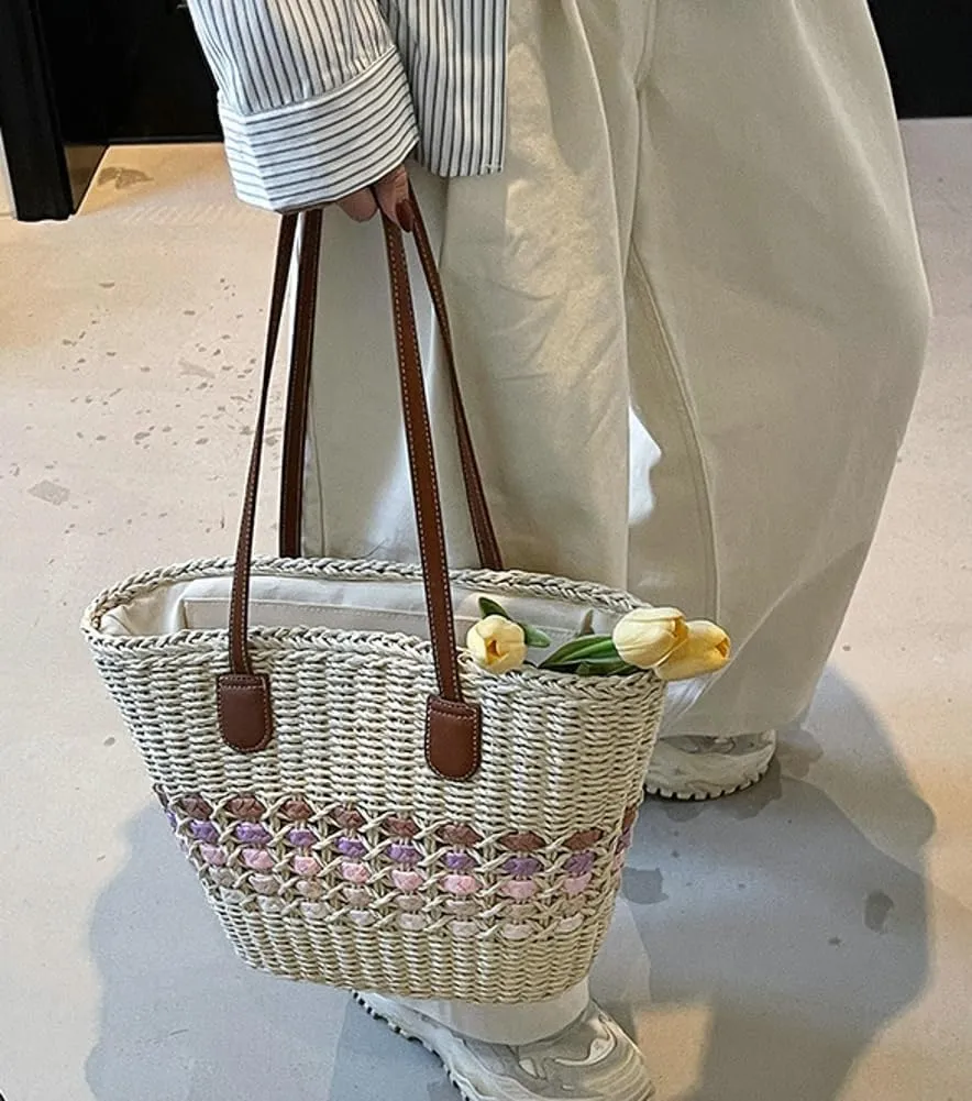 Women’s Tote Bag Straw Beach Shoulder Handbag Fashion Purse 2025 Summer Vacation Travel Woven Top Handle Bag