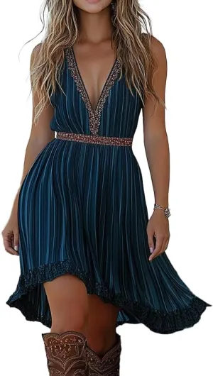 Womens Vintage Western Cowgirl Dresses Sexy Spaghetti Strap Deep V Neck Tie Front A Line Lace Trim Mini Dress