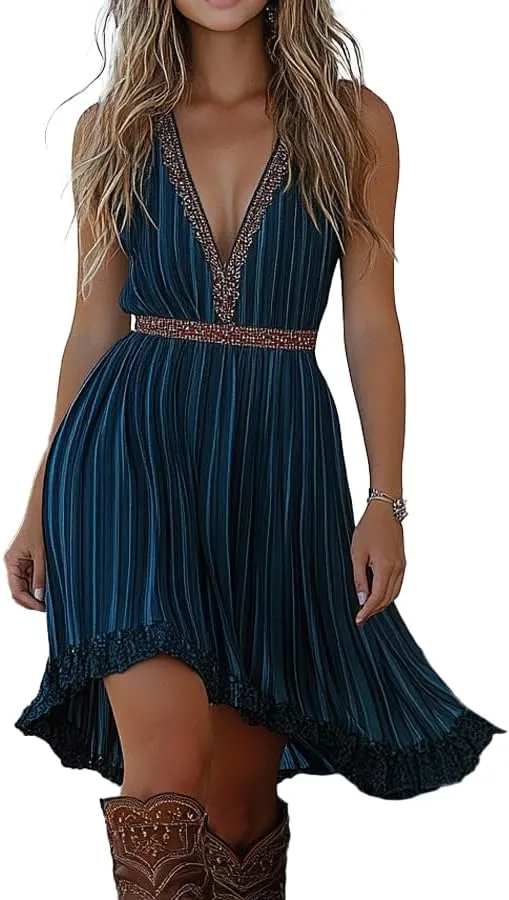 Womens Vintage Western Cowgirl Dresses Sexy Spaghetti Strap Deep V Neck Tie Front A Line Lace Trim Mini Dress