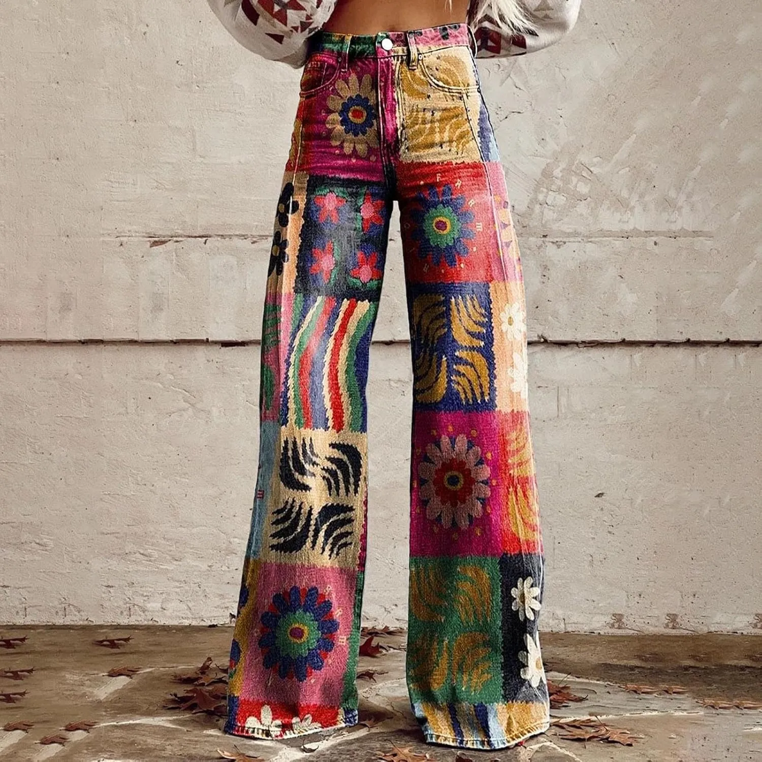 Womens Vintage Wide Leg Fashion High Waisted Casual Denim Pants 90s Floral Printed Pull On Baggy Trousers 2