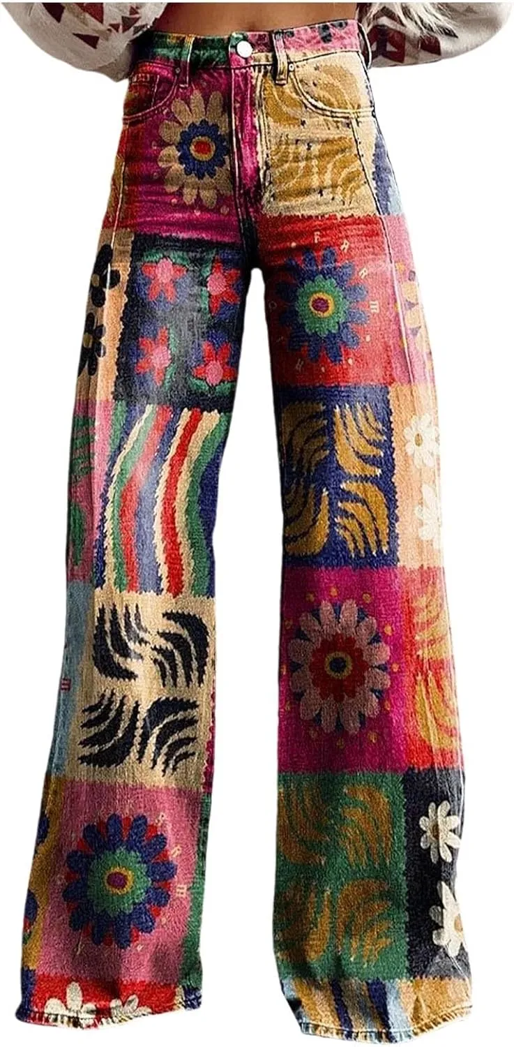Womens Vintage Wide Leg Fashion High Waisted Casual Denim Pants 90s Floral Printed Pull On Baggy Trousers 2