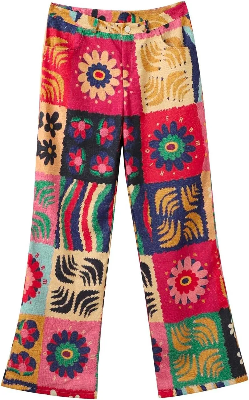 Womens Vintage Wide Leg Fashion High Waisted Casual Denim Pants 90s Floral Printed Pull On Baggy Trousers 2