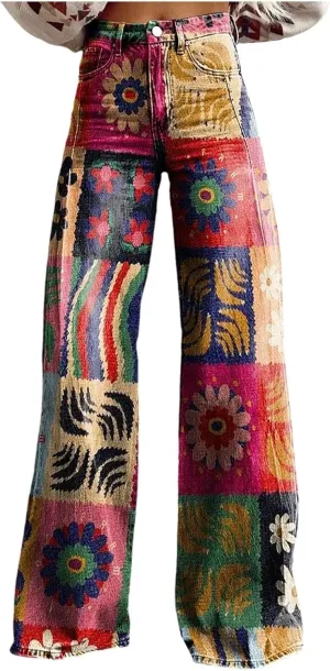 Womens Vintage Wide Leg Fashion High Waisted Casual Denim Pants 90s Floral Printed Pull On Baggy Trousers 2