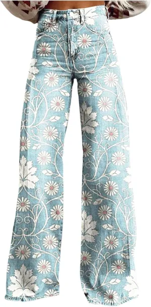 Womens Vintage Wide Leg Fashion High Waisted Casual Denim Pants 90s Floral Printed Pull On Baggy Trousers 3