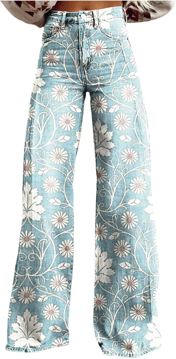Womens Vintage Wide Leg Fashion High Waisted Casual Denim Pants 90s Floral Printed Pull On Baggy Trousers 3