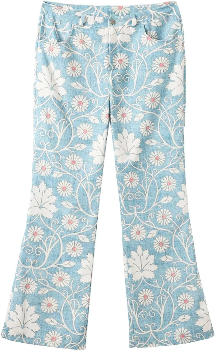 Womens Vintage Wide Leg Fashion High Waisted Casual Denim Pants 90s Floral Printed Pull On Baggy Trousers 3