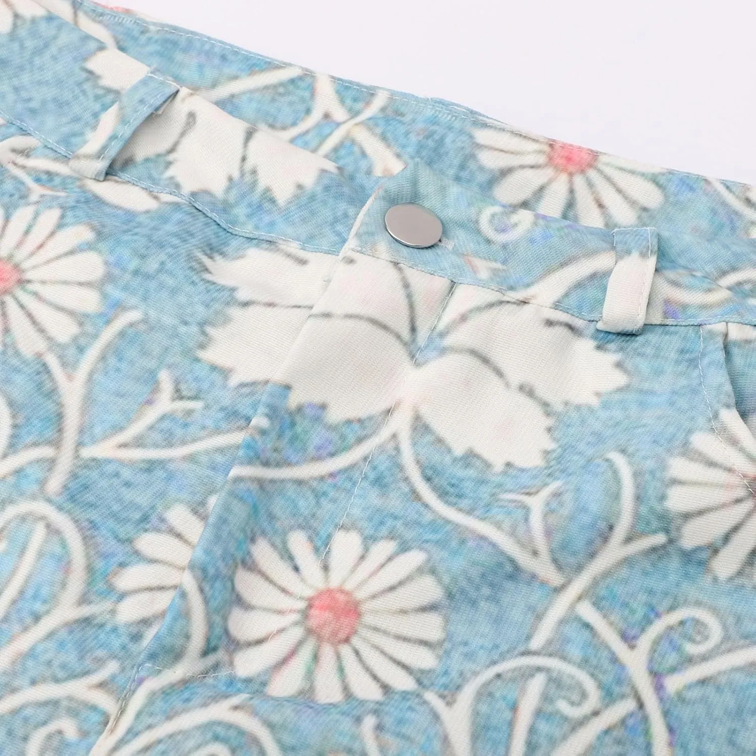 Womens Vintage Wide Leg Fashion High Waisted Casual Denim Pants 90s Floral Printed Pull On Baggy Trousers 3