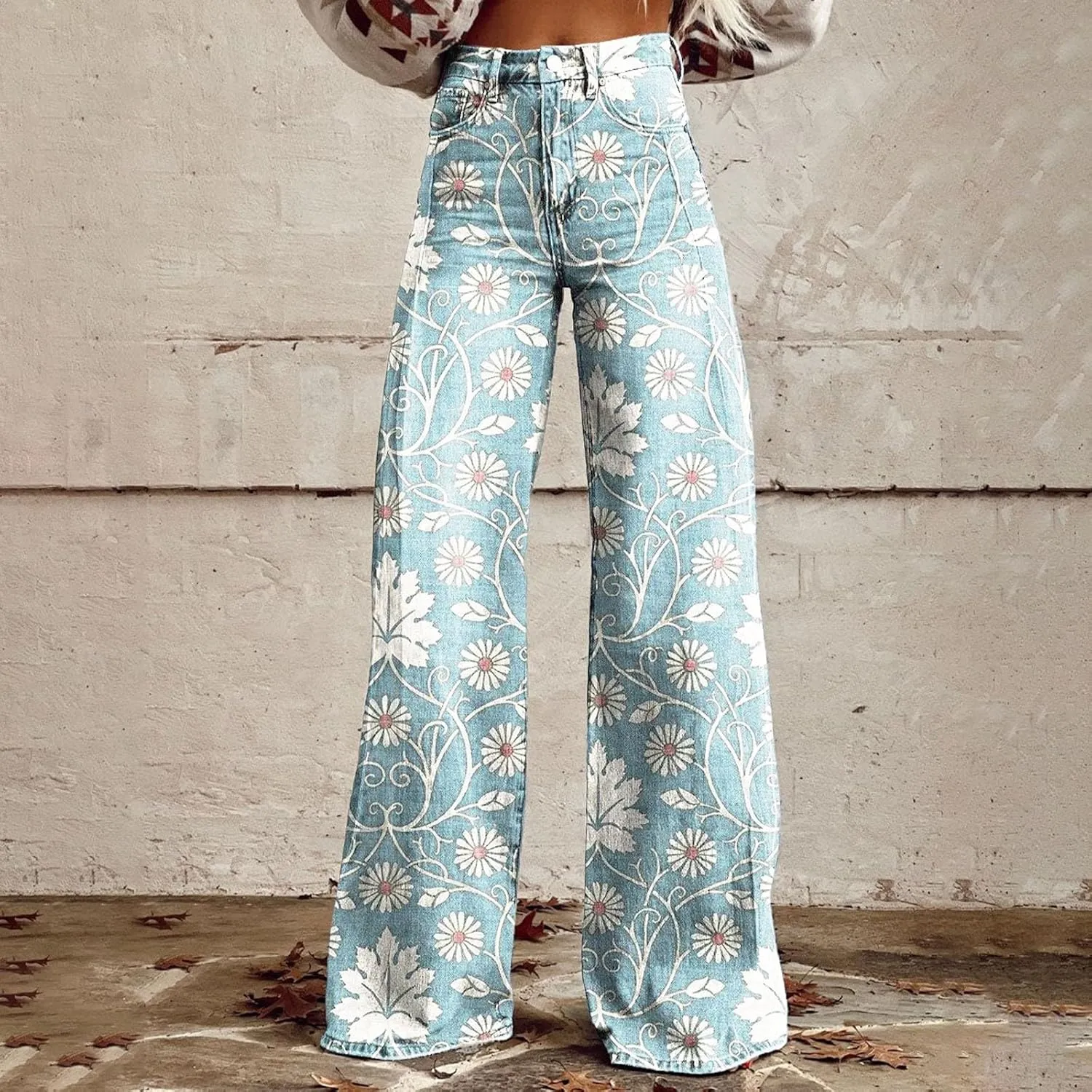 Womens Vintage Wide Leg Fashion High Waisted Casual Denim Pants 90s Floral Printed Pull On Baggy Trousers 3