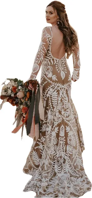 Women's Western Wedding Dress with Train 2 Pieces Long Sleeves Floral Lace Sheath Country Bridal Gown for Bride