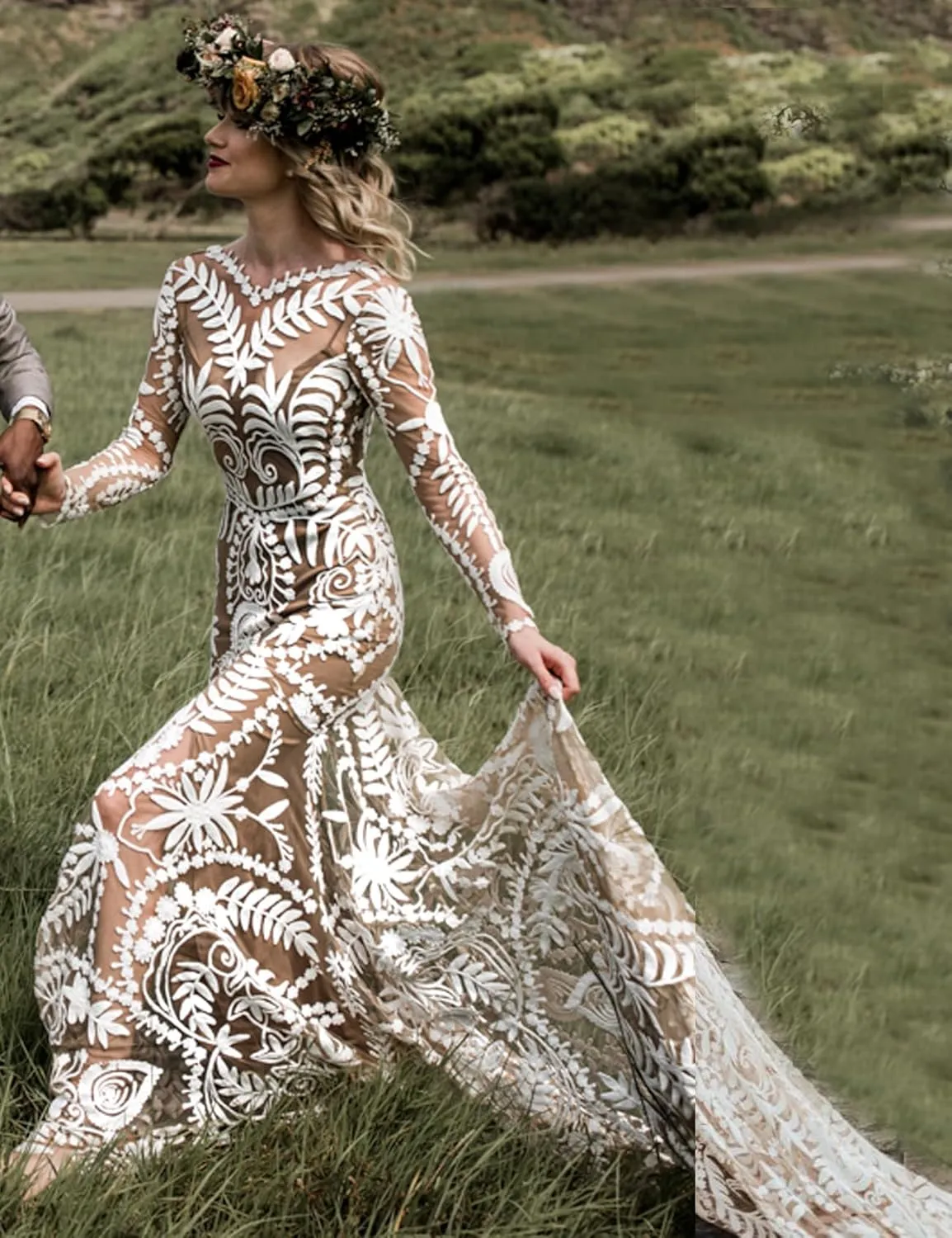 Women's Western Wedding Dress with Train 2 Pieces Long Sleeves Floral Lace Sheath Country Bridal Gown for Bride