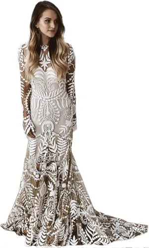 Women's Western Wedding Dress with Train 2 Pieces Long Sleeves Floral Lace Sheath Country Bridal Gown for Bride