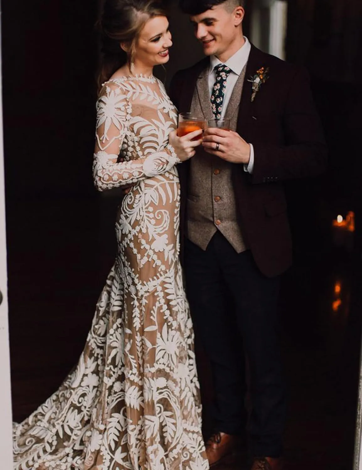 Women's Western Wedding Dress with Train 2 Pieces Long Sleeves Floral Lace Sheath Country Bridal Gown for Bride