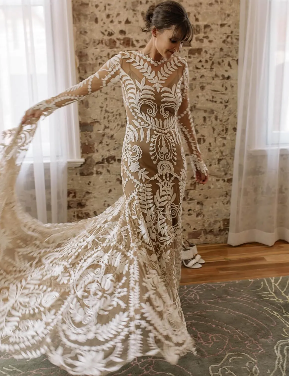 Women's Western Wedding Dress with Train 2 Pieces Long Sleeves Floral Lace Sheath Country Bridal Gown for Bride
