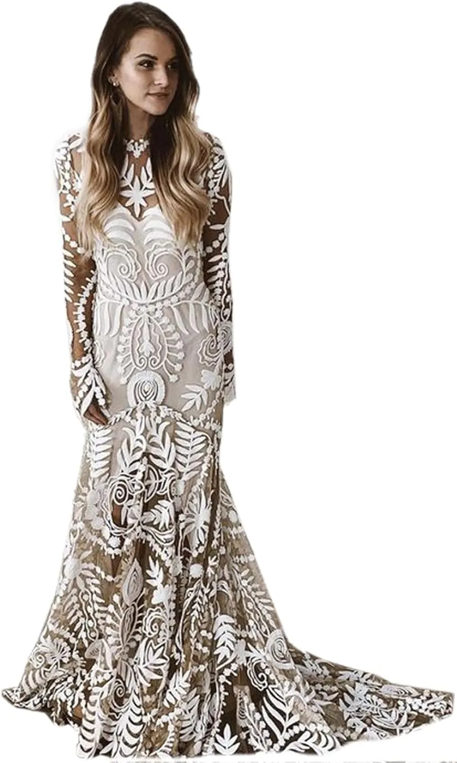 Women's Western Wedding Dress with Train 2 Pieces Long Sleeves Floral Lace Sheath Country Bridal Gown for Bride