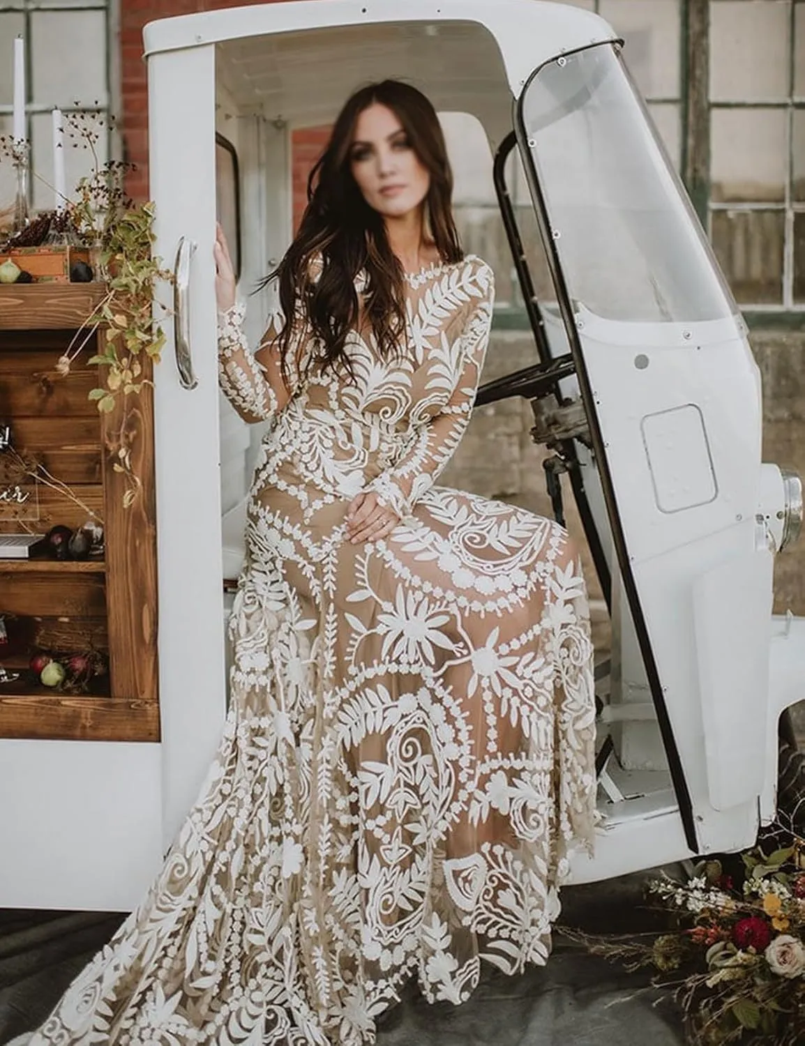Women's Western Wedding Dress with Train 2 Pieces Long Sleeves Floral Lace Sheath Country Bridal Gown for Bride