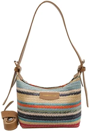Women's Woven Beach Shoulder Handbag Colorful Straw Tote Bag Summer Vacation Crossbody Bag