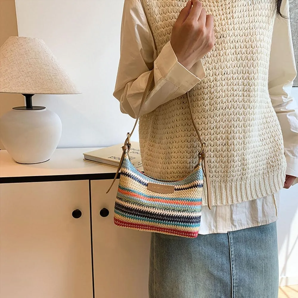 Women's Woven Beach Shoulder Handbag Colorful Straw Tote Bag Summer Vacation Crossbody Bag