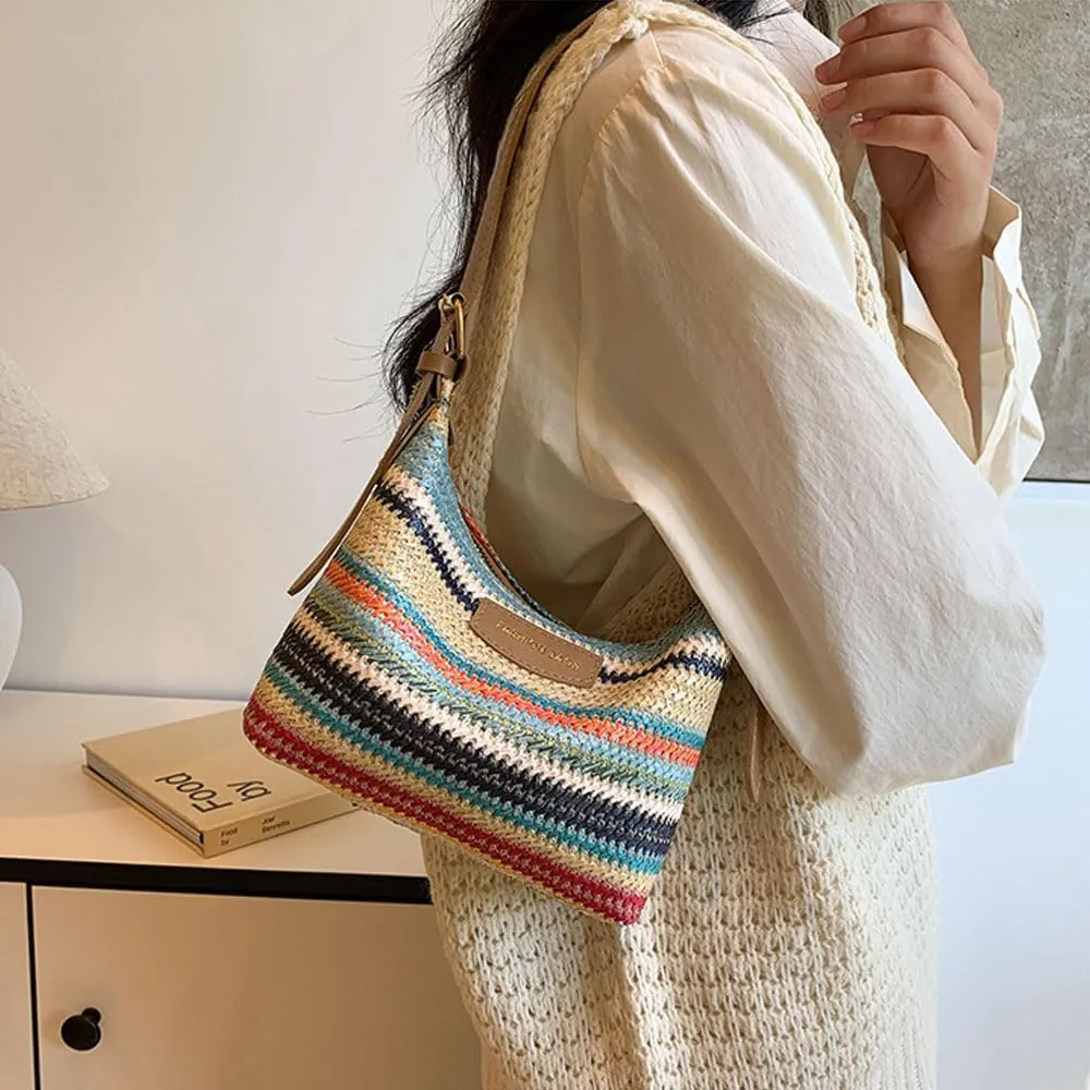 Women's Woven Beach Shoulder Handbag Colorful Straw Tote Bag Summer Vacation Crossbody Bag